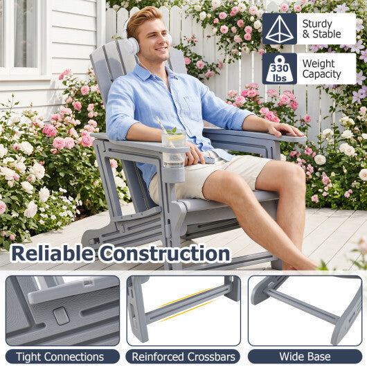 HDPE Adirondack Chair with Cup Holder and Wood-Like Texture High Back for Garden-Gray