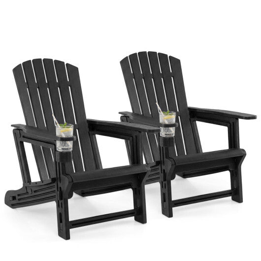 Set of 2 HDPE Adirondack Chair with Cup Holder and Wood-Like Texture  for Garden-Black LuxuryLifeWay Online Store
