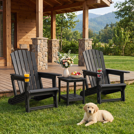 Set of 2 HDPE Adirondack Chair with Cup Holder and Wood-Like Texture  for Garden-Black LuxuryLifeWay Online Store