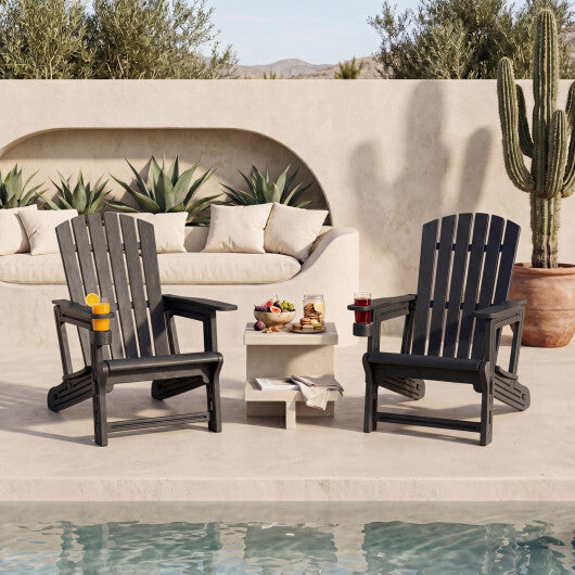 Set of 2 HDPE Adirondack Chair with Cup Holder and Wood-Like Texture  for Garden-Black LuxuryLifeWay Online Store