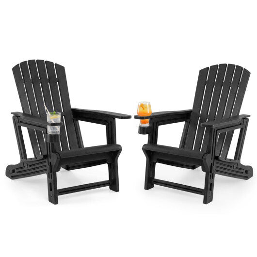 Set of 2 HDPE Adirondack Chair with Cup Holder and Wood-Like Texture  for Garden-Black LuxuryLifeWay Online Store