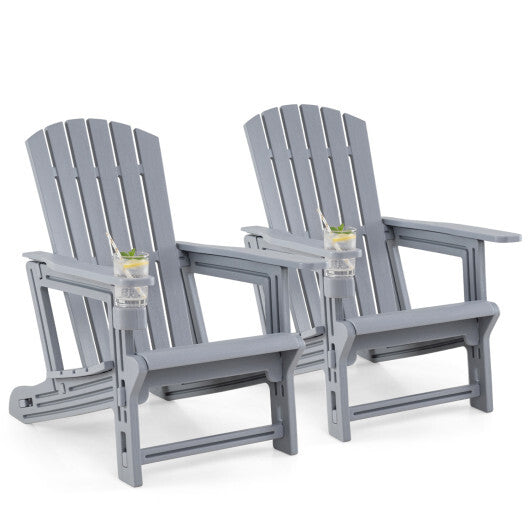 Set of 2 HDPE Adirondack Chair with Cup Holder and Wood-Like Texture  for Garden-Black LuxuryLifeWay Online Store