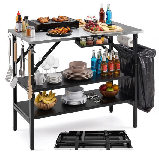 Foldable Outdoor Cook Station with Removable Shelves & Trash Bag Holder for Camping-Black LuxuryLifeWay Online Store