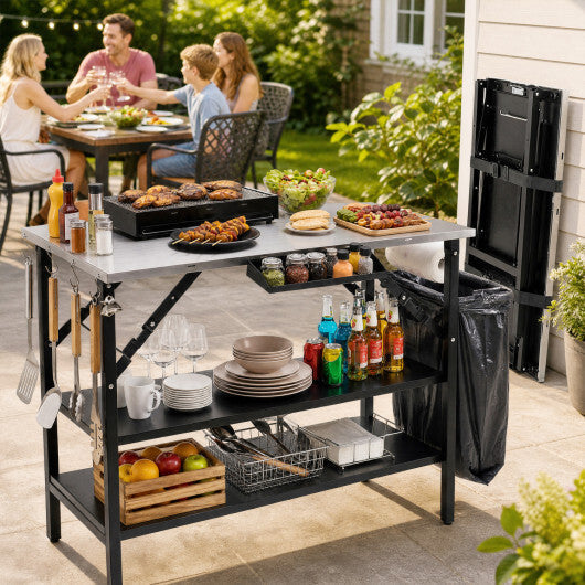 Foldable Outdoor Cook Station with Removable Shelves & Trash Bag Holder for Camping-Black LuxuryLifeWay Online Store