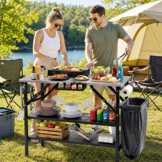 Foldable Outdoor Cook Station with Removable Shelves & Trash Bag Holder for Camping-Black LuxuryLifeWay Online Store