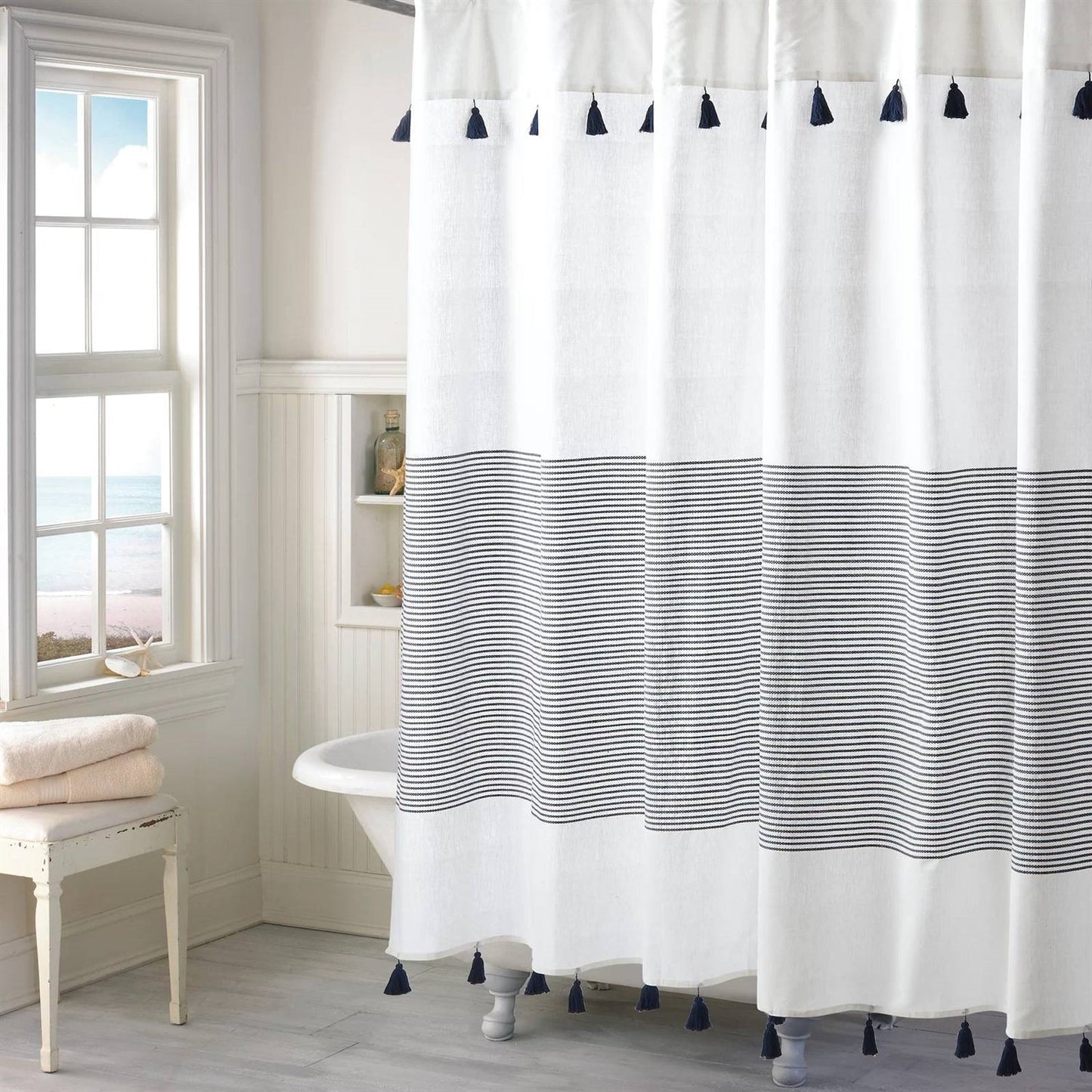 72-inch Navy and White Stripes Cotton Shower Curtain LuxuryLifeWay Online Store