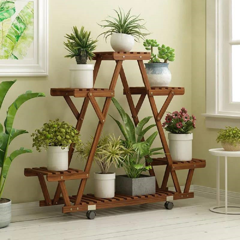 Indoor Outdoor Solid Wood Triangular Multi-Tier Plant Stand with Locking Wheels LuxuryLifeWay Online Store