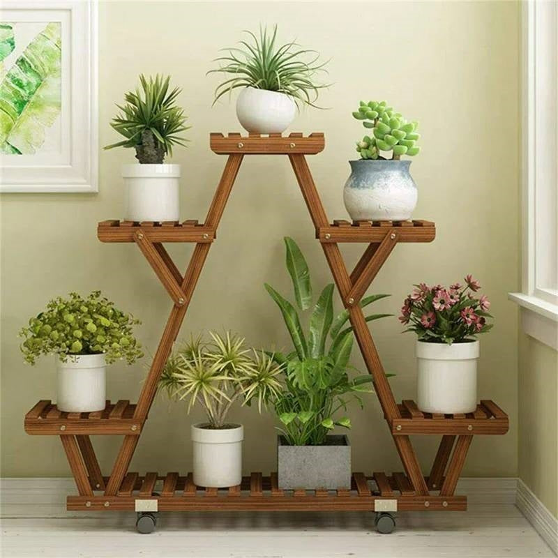 Indoor Outdoor Solid Wood Triangular Multi-Tier Plant Stand with Locking Wheels LuxuryLifeWay Online Store
