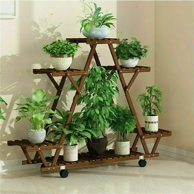 Indoor Outdoor Solid Wood Triangular Multi-Tier Plant Stand with Locking Wheels LuxuryLifeWay Online Store