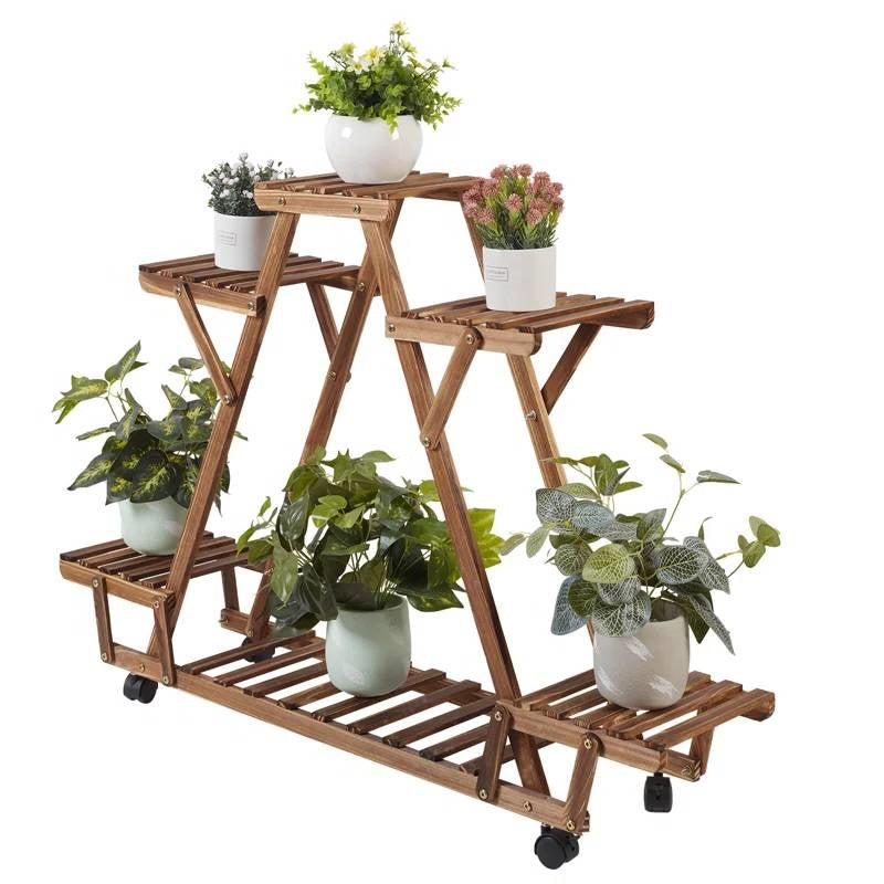 Indoor Outdoor Solid Wood Triangular Multi-Tier Plant Stand with Locking Wheels LuxuryLifeWay Online Store