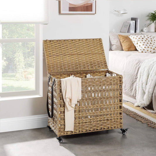 Tan PP Rattan 3-Basket Laundry Hamper Sorter Cart with Removable Cotton Bags LuxuryLifeWay Online Store