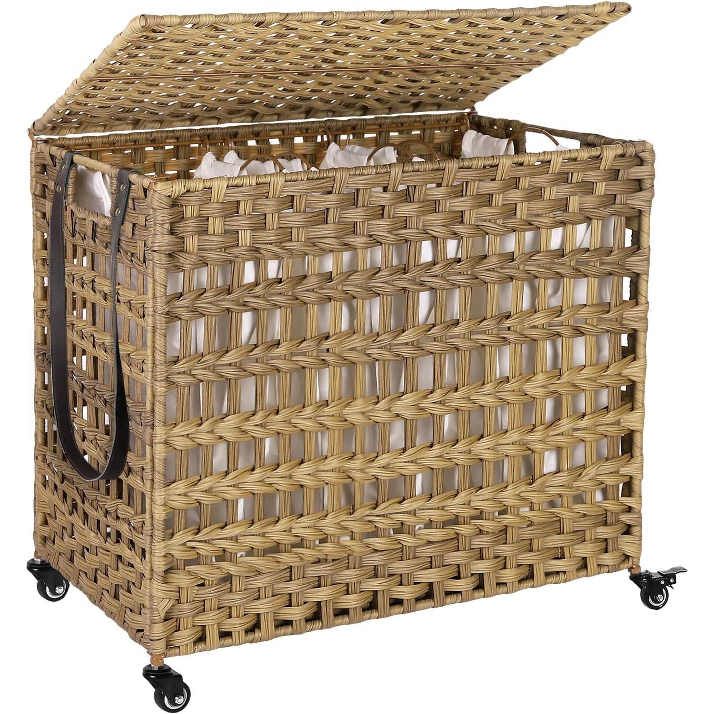 Tan PP Rattan 3-Basket Laundry Hamper Sorter Cart with Removable Cotton Bags LuxuryLifeWay Online Store