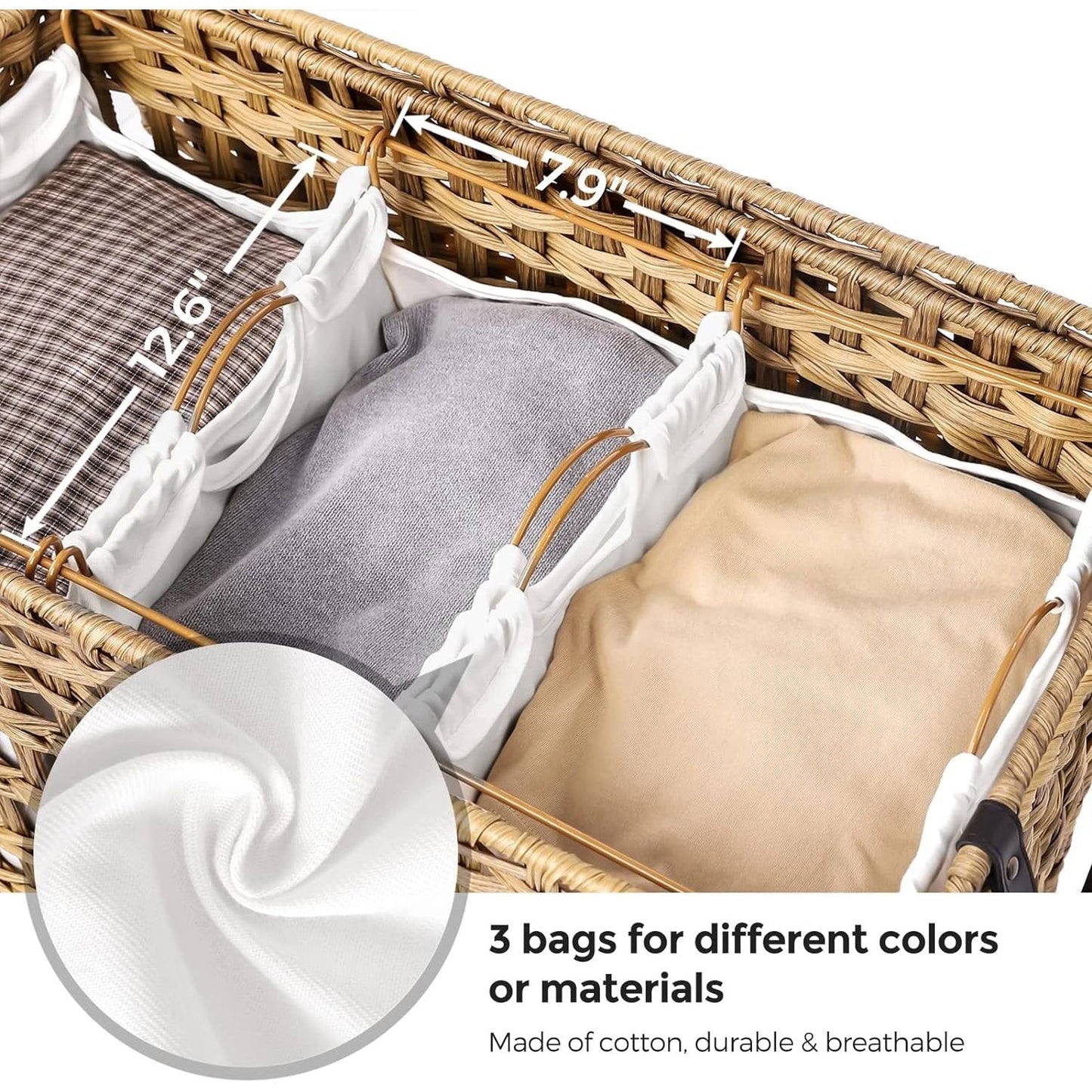 Tan PP Rattan 3-Basket Laundry Hamper Sorter Cart with Removable Cotton Bags LuxuryLifeWay Online Store