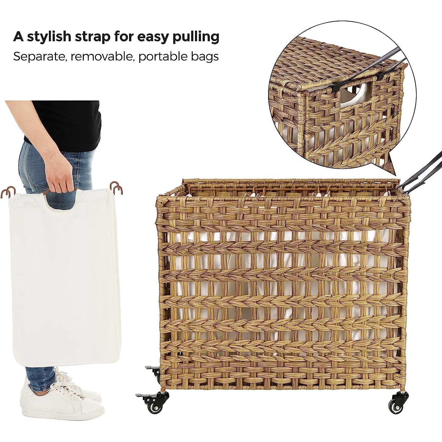 Tan PP Rattan 3-Basket Laundry Hamper Sorter Cart with Removable Cotton Bags LuxuryLifeWay Online Store