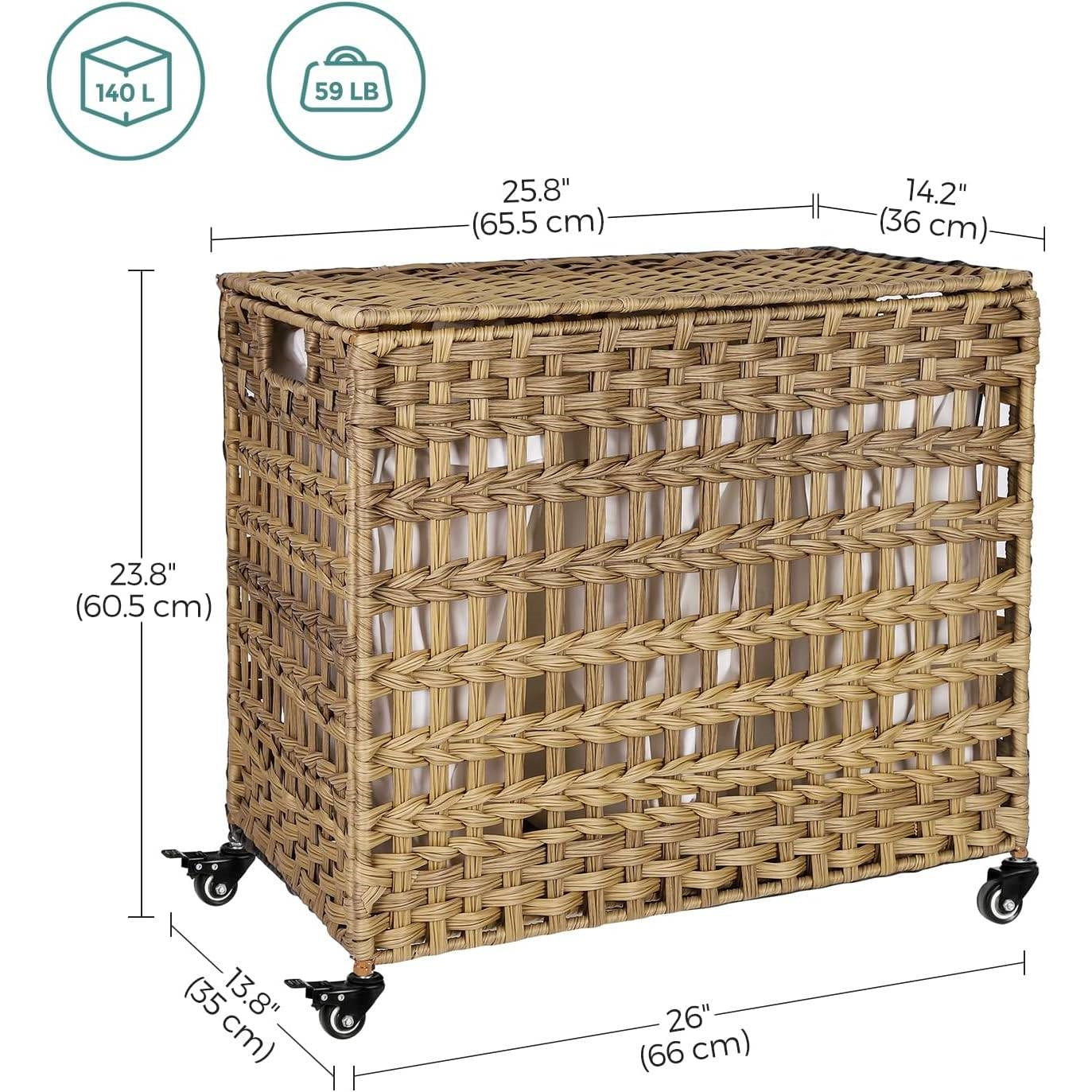 Tan PP Rattan 3-Basket Laundry Hamper Sorter Cart with Removable Cotton Bags LuxuryLifeWay Online Store