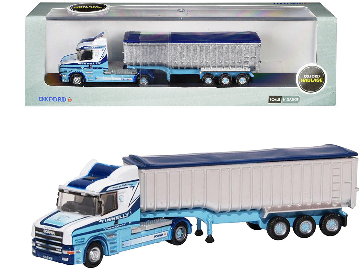 Scania T-Cab Truck RHD (Right Hand Drive) with Covered Dump Trailer "Tinnelly" White with Blue Graphics 1/148 (N) Scale Diecast Model Car by Oxford Diecast LuxuryLifeWay Online Store