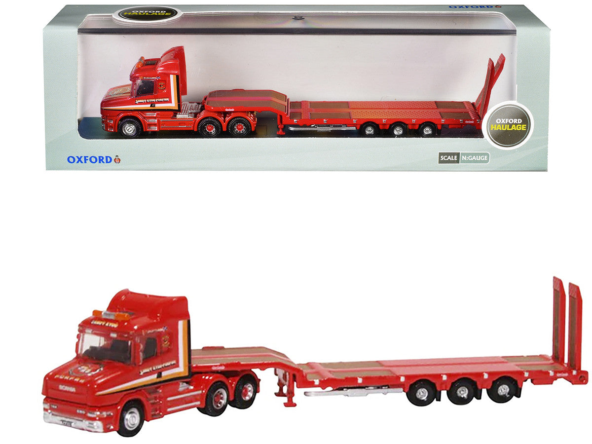 Scania T-Cab Truck RHD (Right Hand Drive) with Lowboy Trailer "Sandy Kydd" Red with Stripes 1/148 (N) Scale Diecast Model Car by Oxford Diecast LuxuryLifeWay Online Store