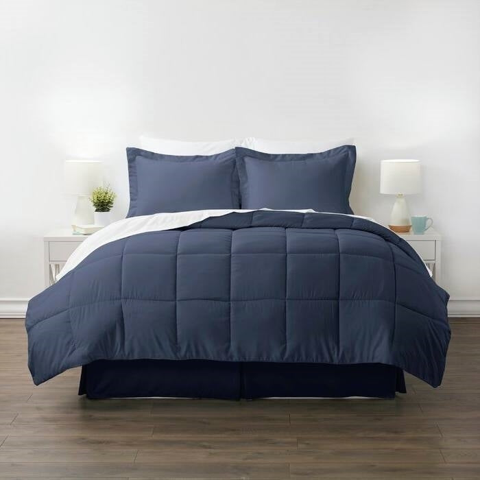 Full Navy Microfiber Baffle-Box 6-Piece Reversible Bed-in-a-Bag Comforter Set LuxuryLifeWay Online Store