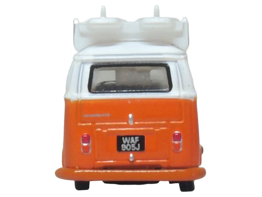 Volkswagen T2 Bay Window Bus Signal Orange with White Top and Surfboards on Roof Rack 1/148 (N) Scale Diecast Model Car by Oxford Diecast LuxuryLifeWay Online Store