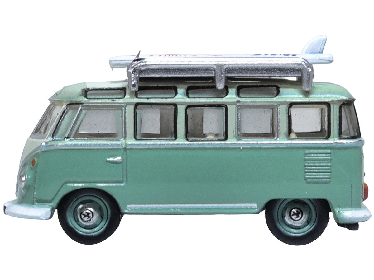 Volkswagen T1 Samba Bus RHD (Right Hand Drive) Green Two-Tone with Surfboards on Roof Rack 1/148 (N) Scale Diecast Model Car by Oxford Diecast LuxuryLifeWay Online Store