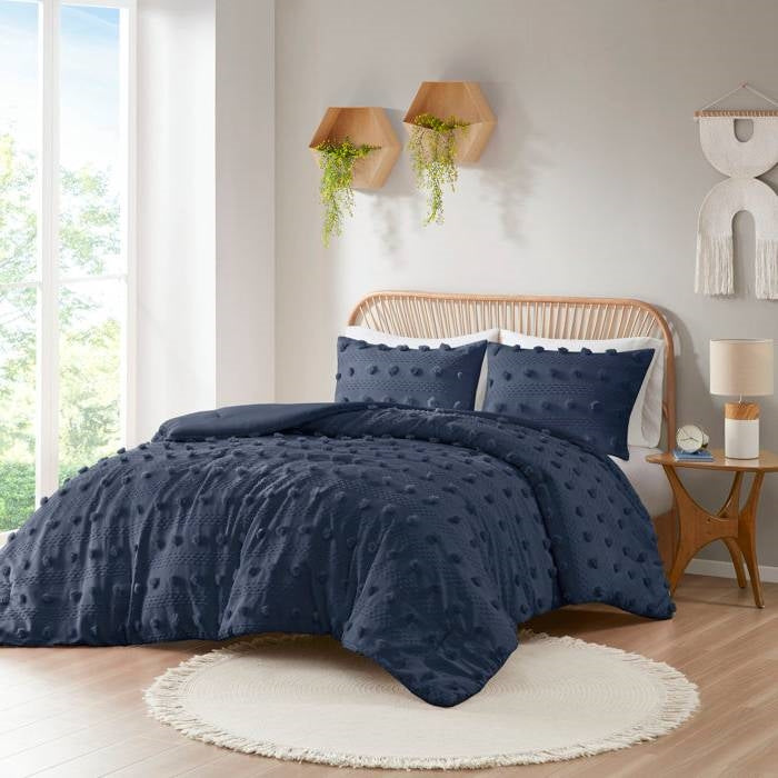 Full/Queen 3 Piece Navy Pompom Microfiber Hypoallergenic Comforter Set LuxuryLifeWay Online Store