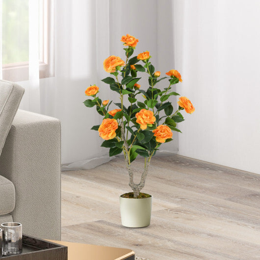 Costway 36 Inch Artificial Camellia Tree with Blooming Flower 2 Pack-Orange LuxuryLifeWay Online Store