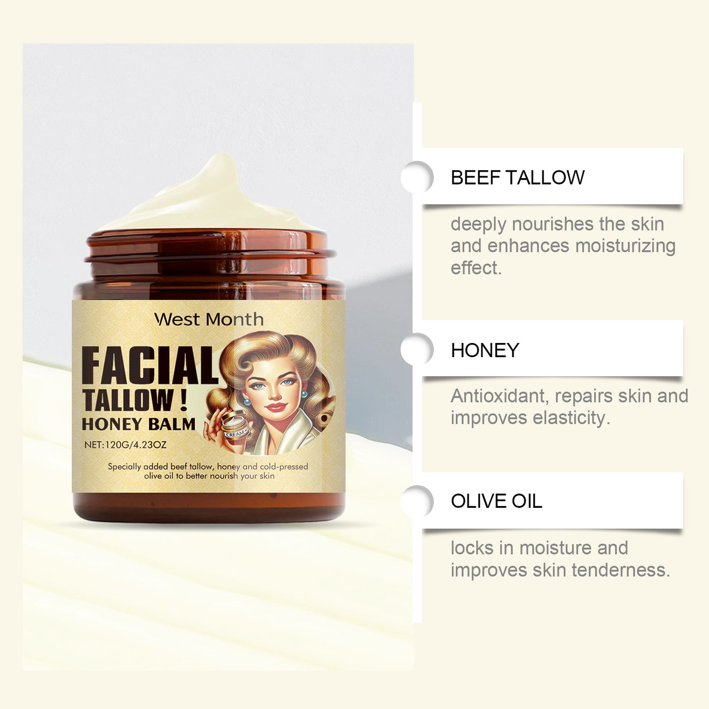 Beef Tallow Face Cream Anti-Wrinkle Moisturizing Dry Improve Redness Soothing Repair Firming Nourishing Smooth Facial Skin Care Pi-Mart