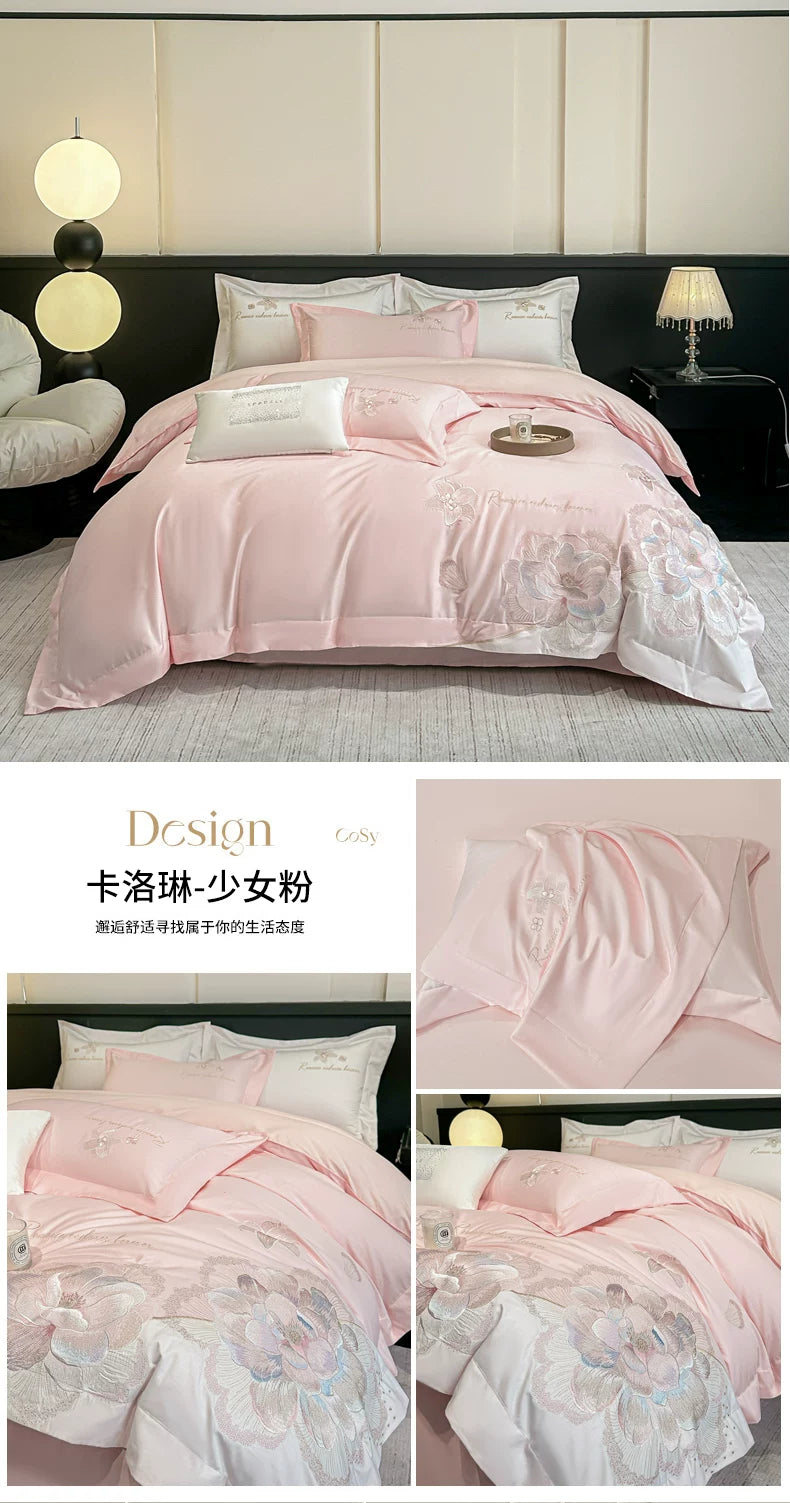 4pcs Light Luxury Style  120 Count Long Styl Cotton polyeste Embroidered Bedding Duvet Cover 200x230 220x240 Four Seasons Pi-Mart