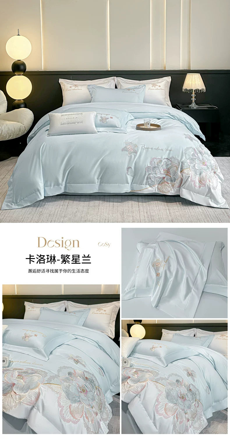 4pcs Light Luxury Style  120 Count Long Styl Cotton polyeste Embroidered Bedding Duvet Cover 200x230 220x240 Four Seasons Pi-Mart