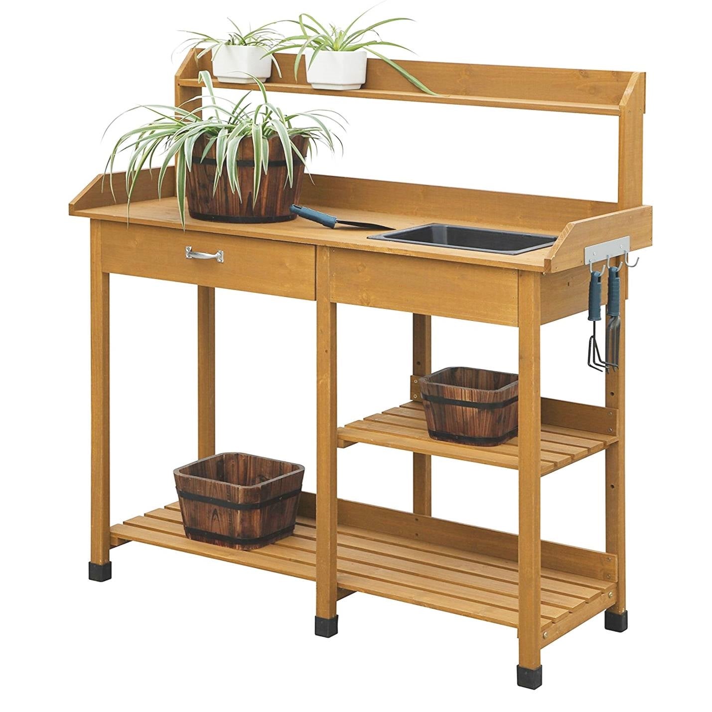 Outdoor Garden Wood Potting Bench Work Table with Sink in Light Oak Finish LuxuryLifeWay Online Store