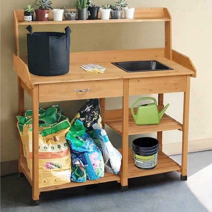 Outdoor Garden Wood Potting Bench Work Table with Sink in Light Oak Finish LuxuryLifeWay Online Store