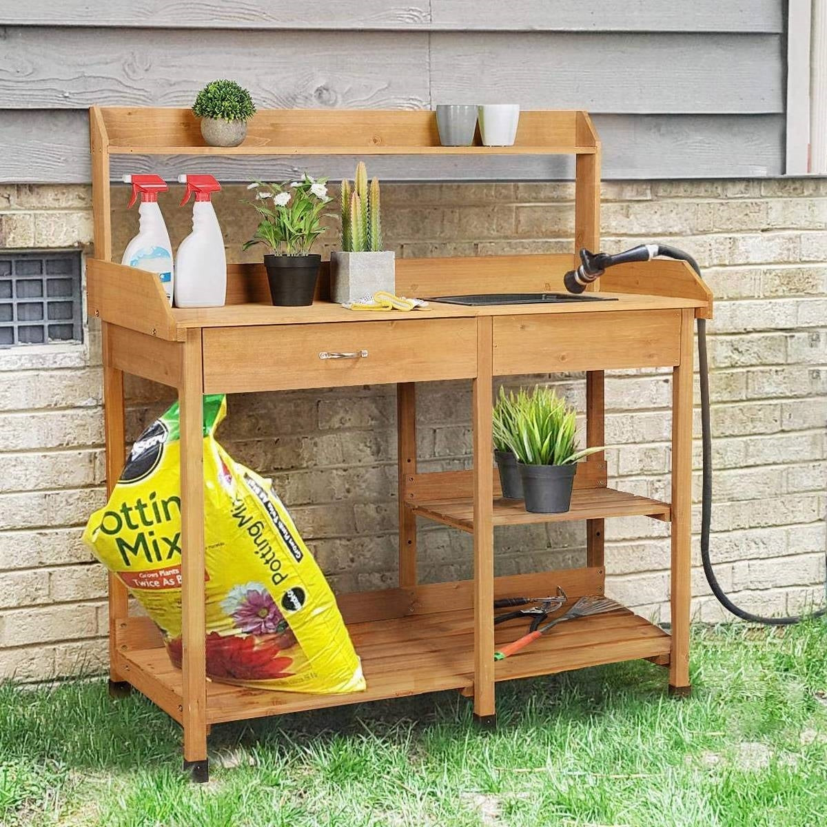 Outdoor Garden Wood Potting Bench Work Table with Sink in Light Oak Finish LuxuryLifeWay Online Store