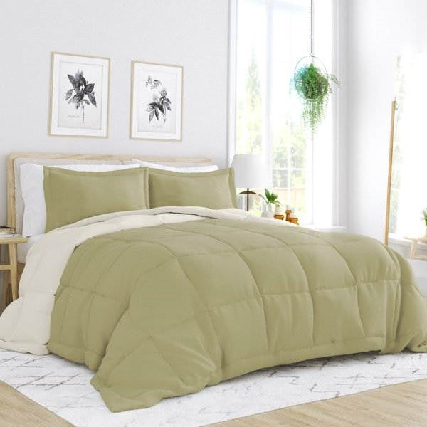 Full/Queen 3-Piece Microfiber Reversible Comforter Set in Sage Green/Cream LuxuryLifeWay Online Store