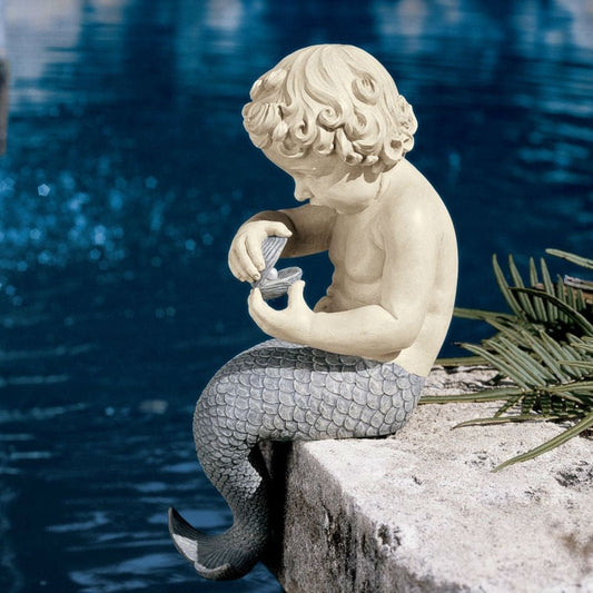 Young Little Sitting Mermaid Garden Statue with Oyster and Pearl LuxuryLifeWay Online Store