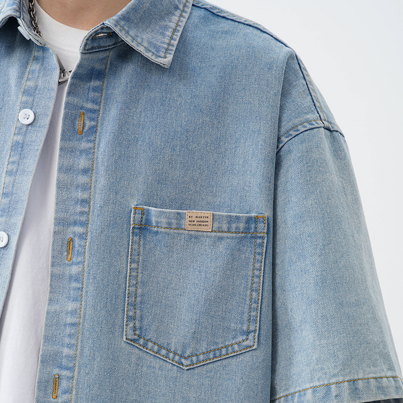 Men 's Over Size Washed Denim Short Sleeve Shirt