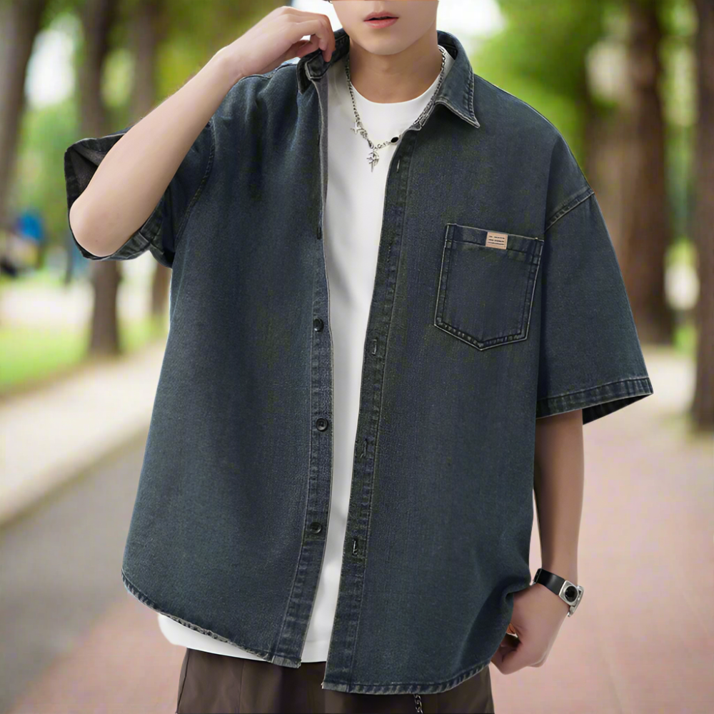 Men 's Over Size Washed Denim Short Sleeve Shirt
