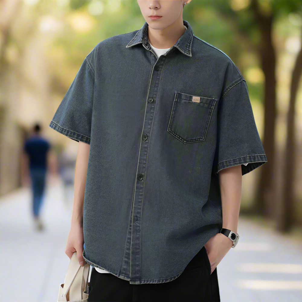 Men 's Over Size Washed Denim Short Sleeve Shirt