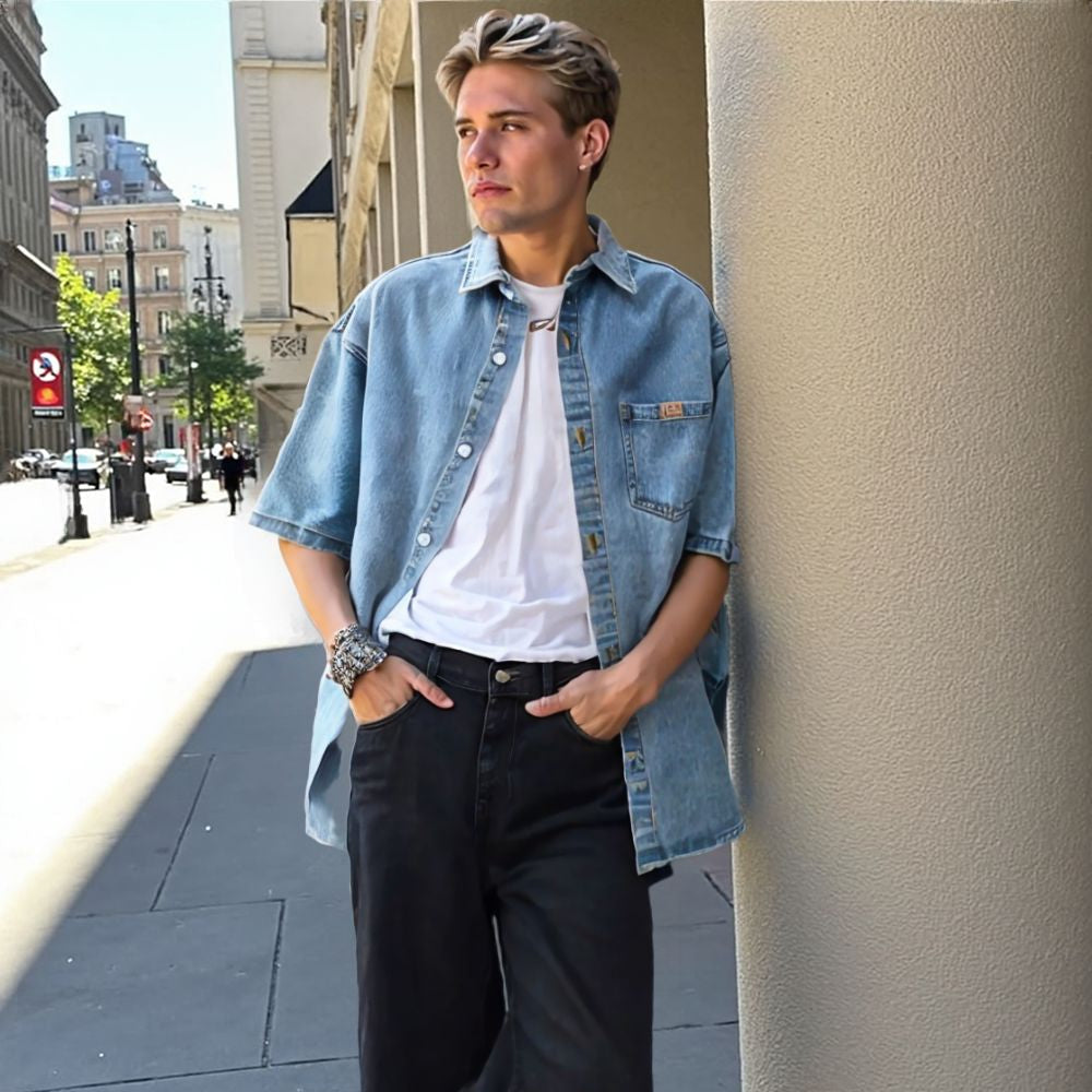 Men 's Over Size Washed Denim Short Sleeve Shirt