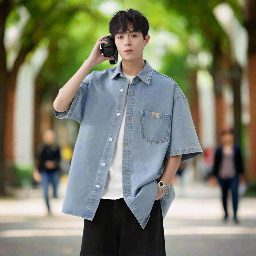 Men 's Over Size Washed Denim Short Sleeve Shirt