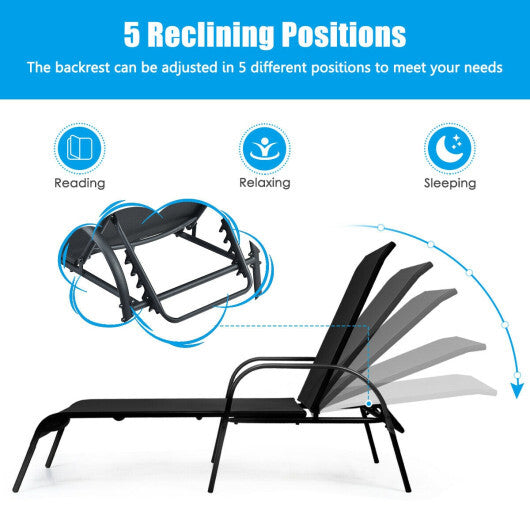 Adjustable Patio Chaise Folding Lounge Chair with Backrest-Black - Color: Black LuxuryLifeWay Online Store