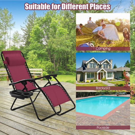 2 Pieces Folding Lounge Chair with Zero Gravity-Dark Red - Color: Dark Red LuxuryLifeWay Online Store