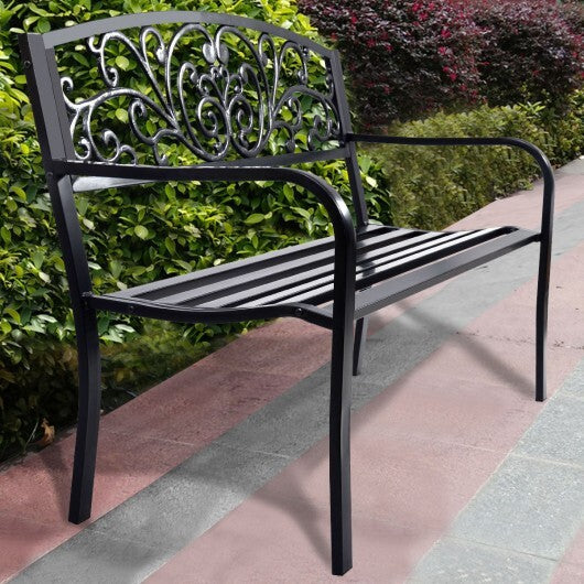 50 Inch Patio Park Steel Frame Cast Iron Backrest Bench Porch Chair - Color: Black LuxuryLifeWay Online Store