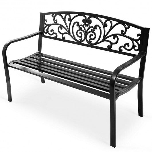 50 Inch Patio Park Steel Frame Cast Iron Backrest Bench Porch Chair - Color: Black LuxuryLifeWay Online Store