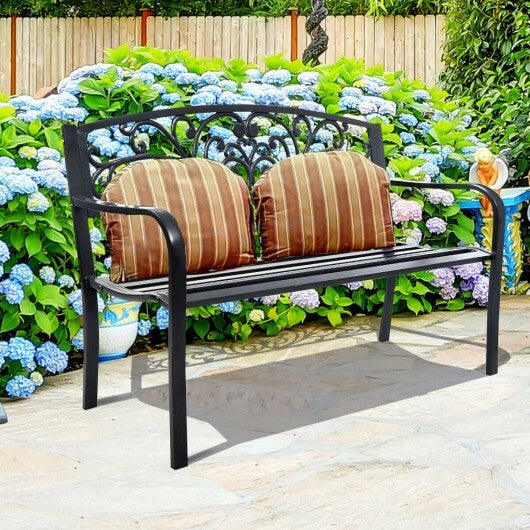 50 Inch Patio Park Steel Frame Cast Iron Backrest Bench Porch Chair LuxuryLifeWay Online Store
