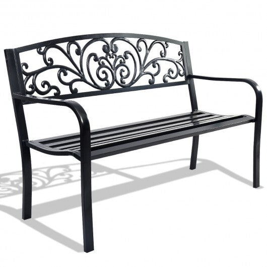 50 Inch Patio Park Steel Frame Cast Iron Backrest Bench Porch Chair - Color: Black LuxuryLifeWay Online Store