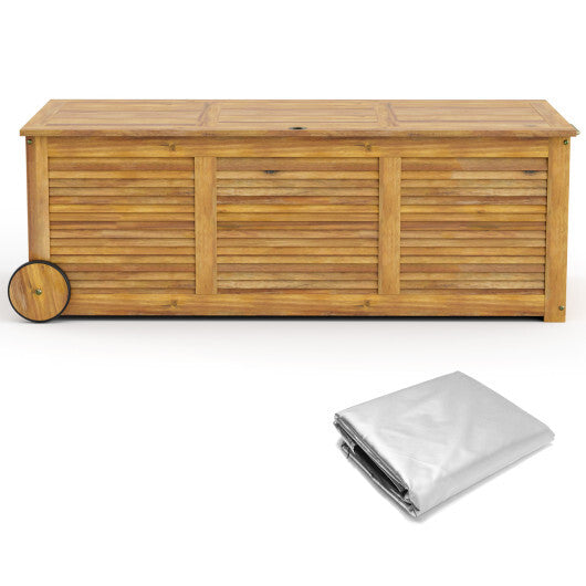 Rolling Patio Wooden Deck Box with 2 Wheels and Side Handle for Outdoor LuxuryLifeWay Online Store