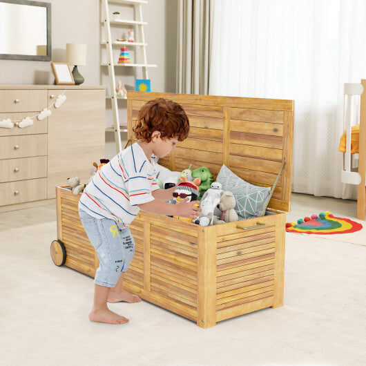 Rolling Patio Wooden Deck Box with 2 Wheels and Side Handle for Outdoor LuxuryLifeWay Online Store