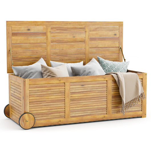 Rolling Patio Wooden Deck Box with 2 Wheels and Side Handle for Outdoor LuxuryLifeWay Online Store