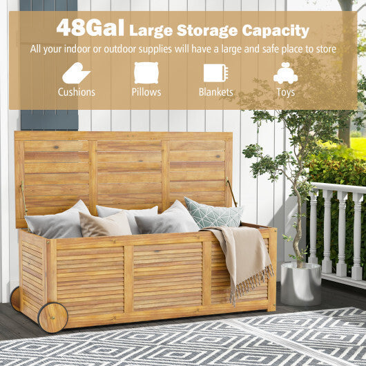 Rolling Patio Wooden Deck Box with 2 Wheels and Side Handle for Outdoor LuxuryLifeWay Online Store