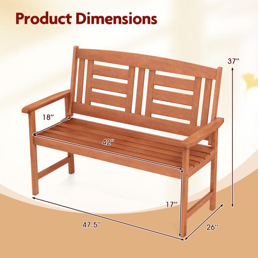 Outdoor Solid Wood Loveseat Hardwood 2-Seat Bench with Inclined Backrest and Slatted Seat LuxuryLifeWay Online Store